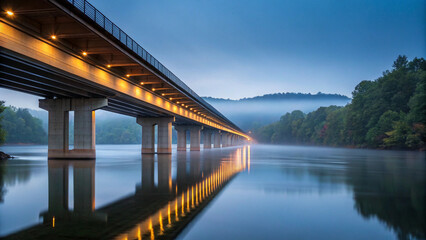 Illuminated Bridge Spanning a Misty River at Dusk with Reflections water twilight