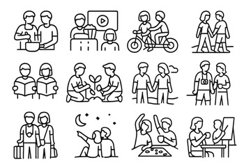 Couple Activity Icons. Outline icon set of couple activities: cooking together, movie night, bike ride,