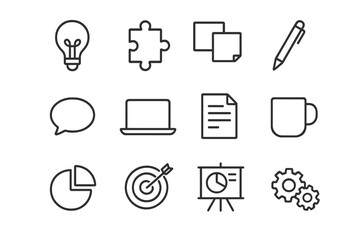 Creative Team Icon Set. Outline icon set of creative team brainstorming: lightbulb, puzzle piece, sticky notes