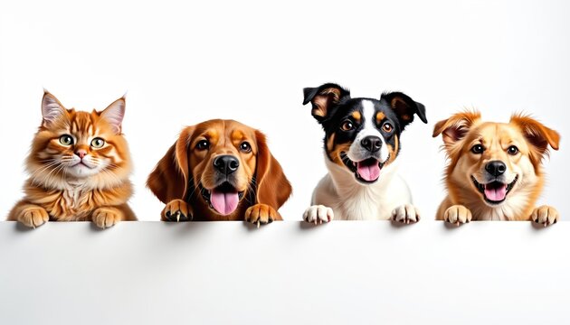 Cute fluffy orange cat, three happy dogs with open mouths, tongues out. They are looking over white barrier, posing together on clean white background. This animal group displays joy, friendship.