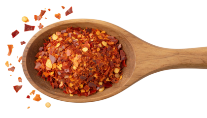 Spicy chili red pepper flakes, chopped, milled dry paprika pile in wooden sppon isolated on white, top view