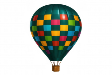 Vibrant checkered hot air balloon drifting serenely, symbolizing boundless exploration and aerial freedom against pristine backdrop