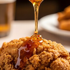 Macro Shot of Hot Honey Drizzling Over Crispy Fried Chicken