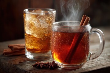 Hot Toddy and Iced Tea with Cinnamon and Star Anise on Rustic Wood