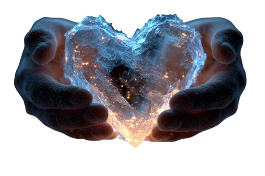 Glowing ice heart with sparkling lights held gently in cupped hands, isolated on transparent background