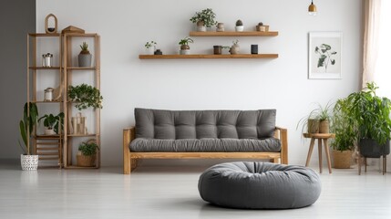 Bright, minimalist living room interior with wooden furniture and potted green plants