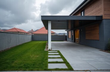 Fototapeta premium Modern carport attached to new white house with concrete driveway, green grass lawn. Contemporary residential architecture features protective roof canopy extending over parking area. Side yard gray