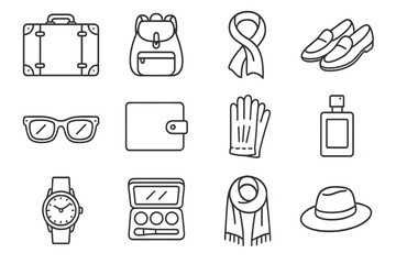 Elegant Travel Essentials. Outline icon set of elegant luggage and accessories: leather suitcase, designer