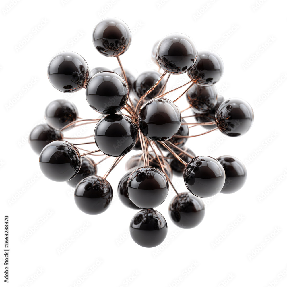 Poster abstract 3d rendering of a cluster of glossy black spheres connected by thin metallic rods against a