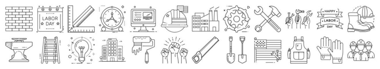 Labor Day Icons – Workers, Tools, Construction, Occupation, Outline Vector Set