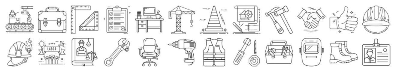 Labor Day Icons – Workers, Tools, Construction, Occupation, Outline Vector Set