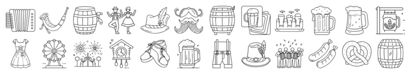 Oktoberfest Icons – Beer, Pretzel, Festival, German Food & Drink, Outline Vector Set