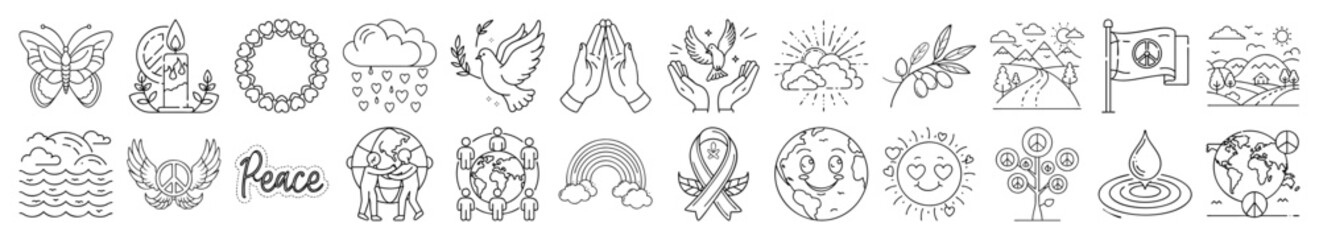 International Day of Peace Icons – Dove, Olive Branch, Harmony, Outline Vector Set
