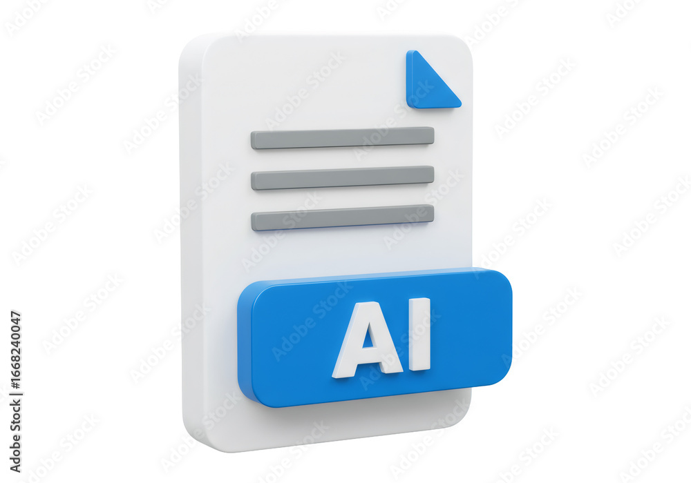 Poster 3d rendered ai icon on document with blue button and white background