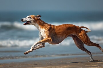 Greyhound Running. Elegance and Graceful Dog on Beach Background