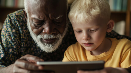 Elderly man and young boy exploring digital tablet together in cozy indoor setting