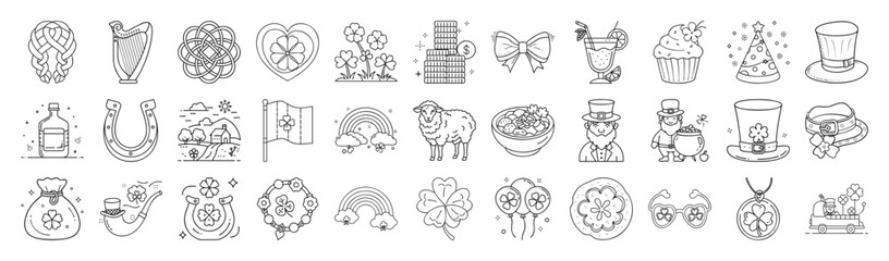 St. Patrick’s Day Vector Icon Set – Irish Festival, Shamrock, Clover, Leprechaun, Beer and Holiday Line Icons