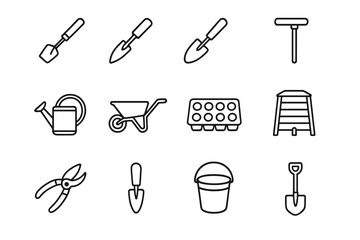 Farming Tools Icons. Outline icon set of small-scale farming tools: hand hoe, seed planter, trowel, rake,