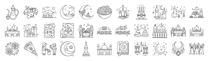 Ramadan and Eid Vector Icon Set – Outline Islamic Festival and Mosque Collection-Vector collection of Ramadan and Eid icons in modern outline style. Includes mosque, crescent moon, lanterns, prayer