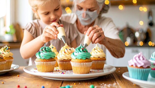 Grandmother and Child Decorate Cupcakes with Icing in Kitchen - Powered by Adobe