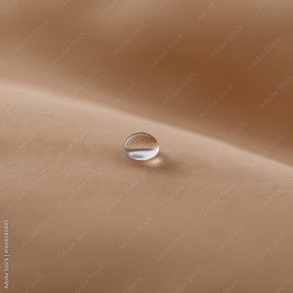 Poster close-up of a single water droplet resting on a smooth beige fabric surface, showcasing the delicate
