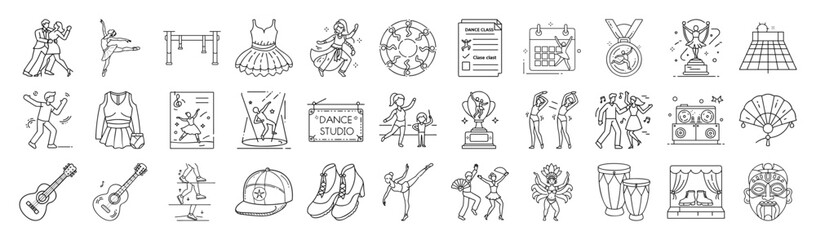 Dance and Ballet Vector Icon Set – Outline Performance and Stage Collection-Vector collection of dance and ballet icons in modern outline style. Includes ballerina, ballet shoes, costumes, music.