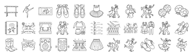 Dance and Ballet Vector Icon Set – Outline Performance and Stage Collection-Vector collection of dance and ballet icons in modern outline style. Includes ballerina, ballet shoes, costumes, music.
