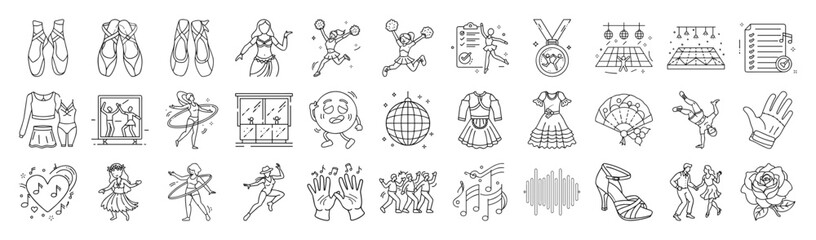 Dance and Ballet Vector Icon Set – Outline Performance and Stage Collection-Vector collection of dance and ballet icons in modern outline style. Includes ballerina, ballet shoes, costumes, music.