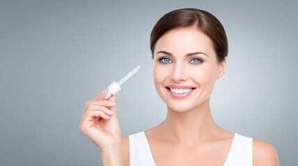 Obraz premium Smiling woman with bright blue eyes holding a dropper bottle of skincare serum, showcasing beauty and wellness in a minimalist studio environment with soft lighting