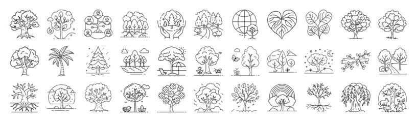 “Tree and Plant Icon Set – Nature Outline Vector Illustration”