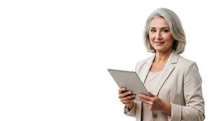 Fototapeta premium Mature woman with gray hair holding a tablet wearing a blazer against a black and white background