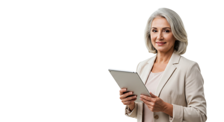 Mature woman with gray hair holding a tablet wearing a blazer against a black and white background