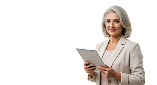 Mature woman with gray hair holding a tablet wearing a blazer against a black and white background