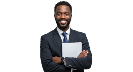 A smiling man in a suit with a blue tie holding a book with his arms crossed against black backdrop