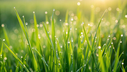 Fototapeta premium Macro Shot of Green Grass Blades with Dew Drops in Morning Sunlight image photo