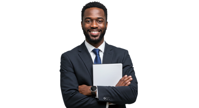 A smiling man in a suit with a blue tie holding a book with his arms crossed against black backdrop