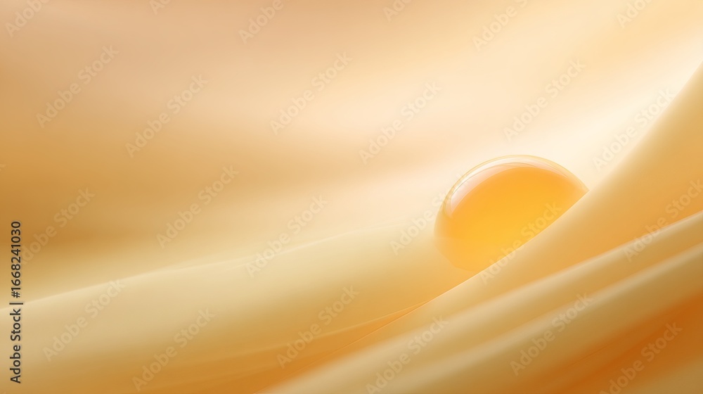 Poster soft golden liquid droplet rests on smooth flowing fabric, creating a serene and tranquil atmosphere