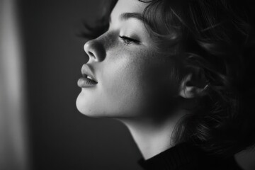 High Contrast Portrait. Beautiful Young Female Profile in Black and White