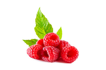 Ripe shiny raspberries with leaves isolated on white background.