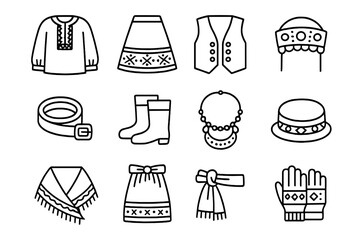 Folk Costume Icons. Outline icon set of folk costume photography: embroidered shirt, patterned skirt, vest,