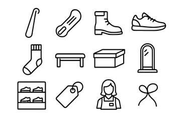 Footwear Service Icons. Outline icon set of footwear fitting service: shoehorn, foot measurement tool, boot,