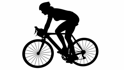 Fototapeta premium Silhouette of a cyclist riding a bicycle wearing a helmet in a full body side profile view on white background