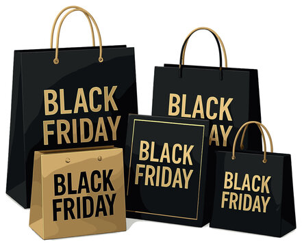 Black friday shopping: elegant gold and black bags for holiday gift shopping inspiration - vector - Powered by Adobe