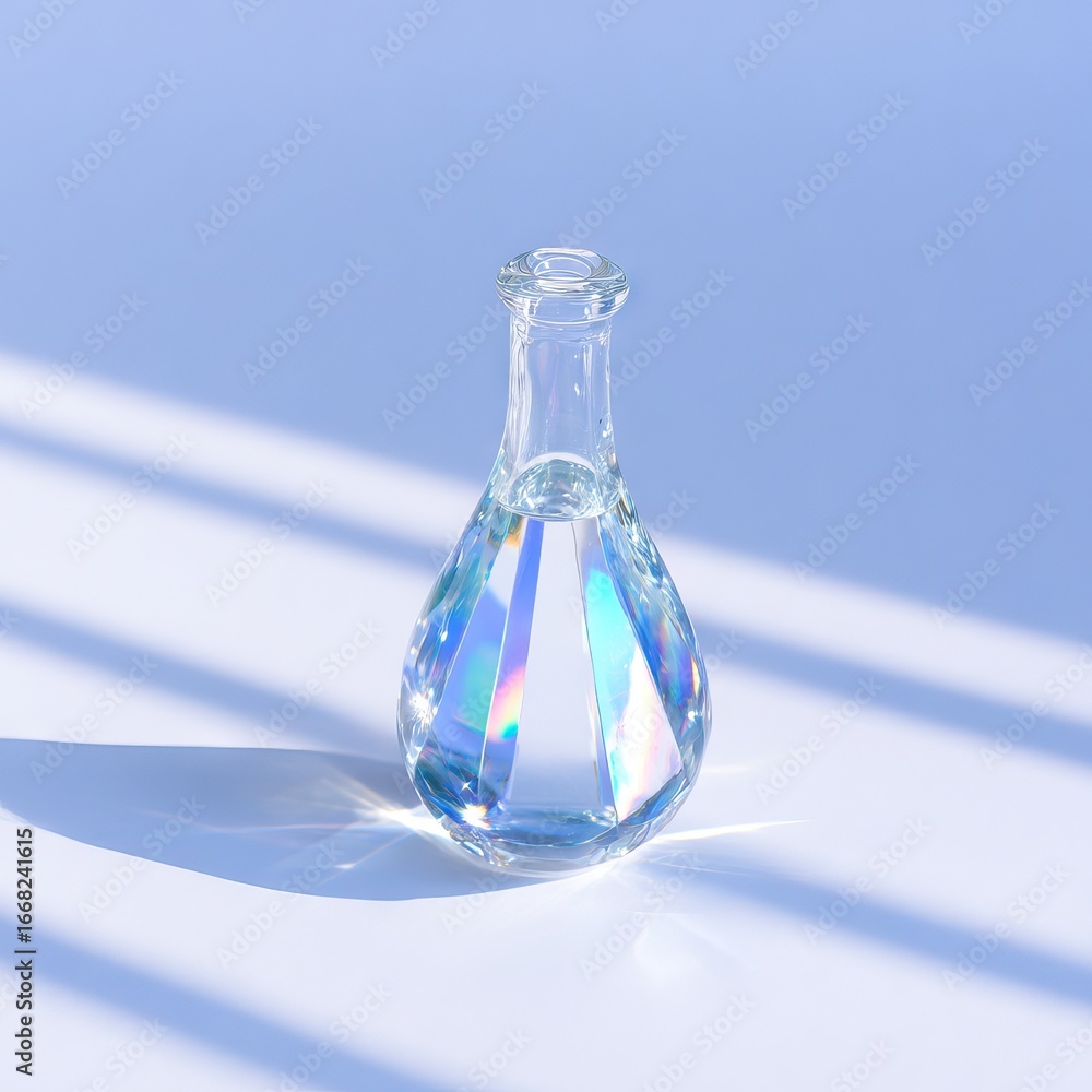 Poster clear glass laboratory flask filled with water, reflecting light and creating colorful patterns on a