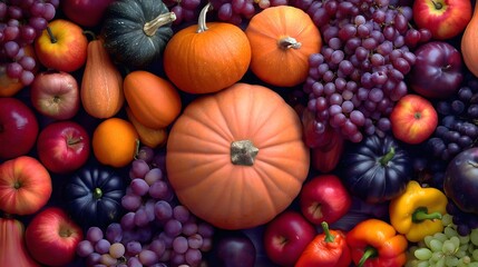 Autumn Harvest with Pumpkins, Grapes, and Seasonal Produce