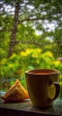 Obraz premium A cup of tea and samosa on a windowsill, rainy day view