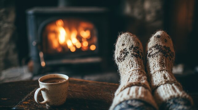 Hygge Fireplace. Cozy Winter Relaxation by the Fireside with a Woman in Woolen Socks and a Mug of Tea