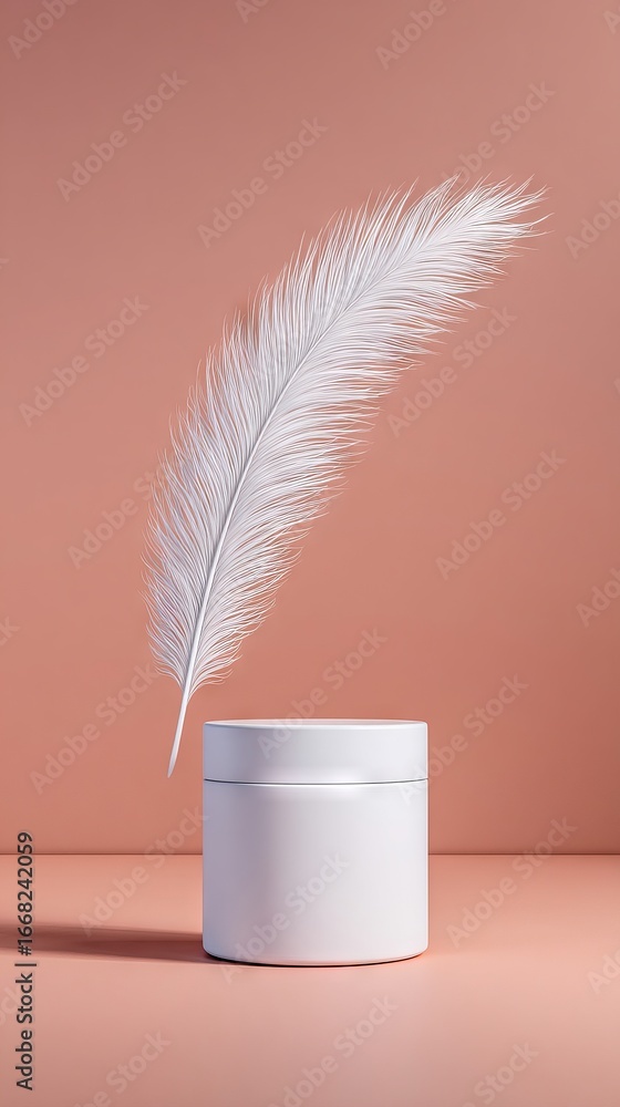 Poster minimalist product display featuring a white cosmetic jar with a delicate feather floating above it,