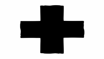 Fototapeta premium A black cross shape with rough edges against a white background in a simple graphic illustration