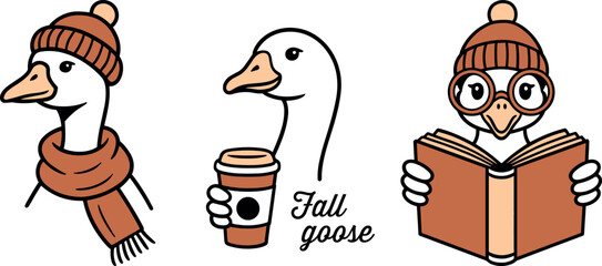 Fall season silly goose reading a book drinking coffee wearing beanie scarf cozy aesthetic outline drawing. Cute farm animal autumn activities theme printable funny sticker design bundle pack clipart.